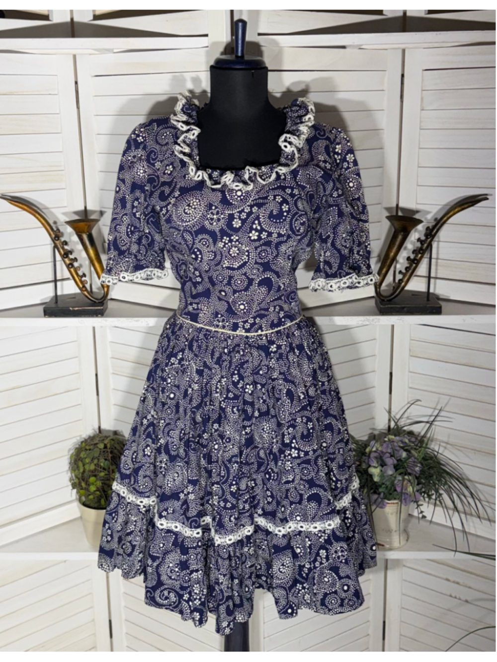 Vintage 60s dress Western square dance paisley eyelet ruffles rockabilly cottage
